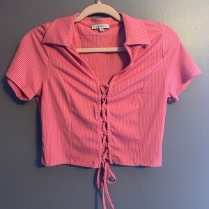 Ribbed Lace-Up Adjustable Collared Pink Crop Top